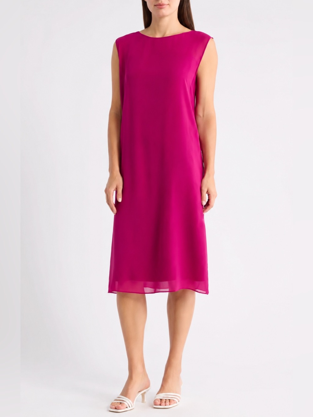 NWT Eileen Fisher Sheer Silk Georgette Boat Neck Sleeveless Midi Dress Sangria